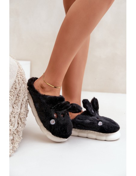Furry Slippers With Bunny Motif Black Natasha