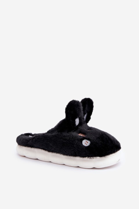 Furry Slippers With Bunny Motif Black Natasha