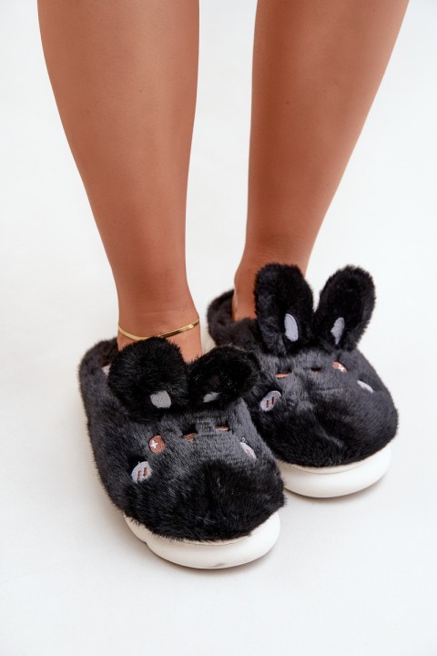 Furry Slippers With Bunny Motif Black Natasha