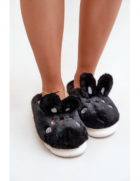 Furry Slippers With Bunny Motif Black Natasha
