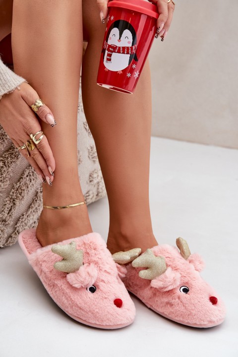 Christmas Slippers With Reindeer Design Furry Pink Asielle