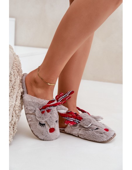 Christmas Slippers With Reindeer Design Dark Beige Sylaia