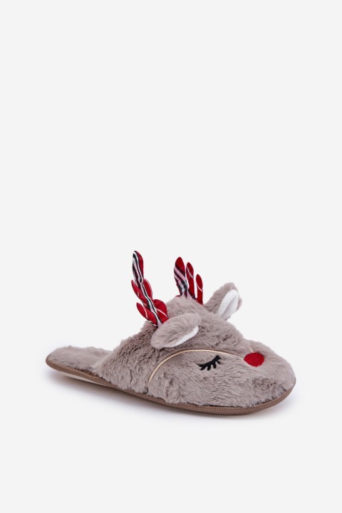 Christmas Slippers With Reindeer Design Dark Beige Sylaia