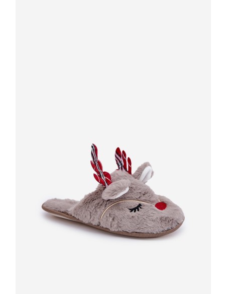 Christmas Slippers With Reindeer Design Dark Beige Sylaia