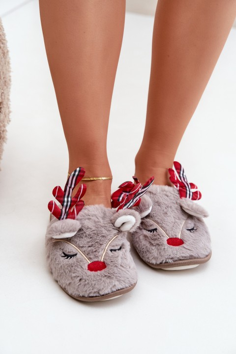 Christmas Slippers With Reindeer Design Dark Beige Sylaia