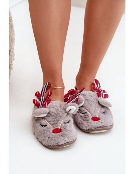 Christmas Slippers With Reindeer Design Dark Beige Sylaia