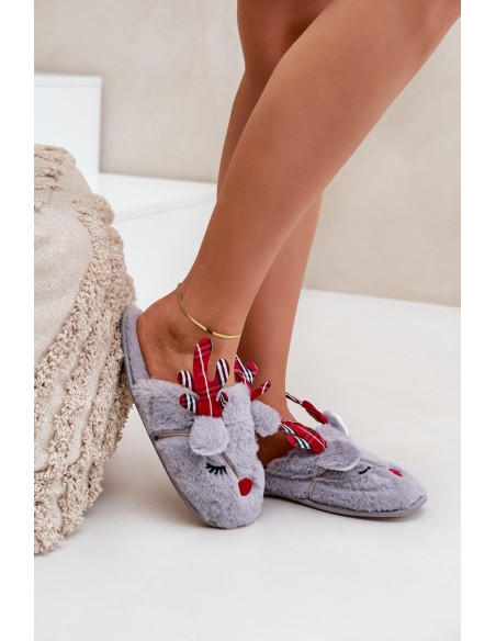 Christmas Slippers With Reindeer Motif Gray Sylaia