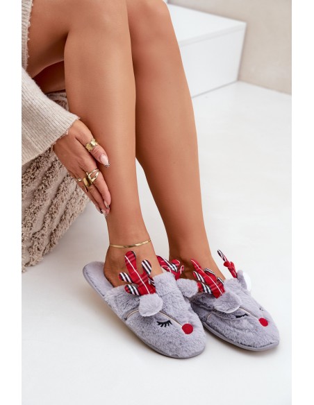 Christmas Slippers With Reindeer Motif Gray Sylaia