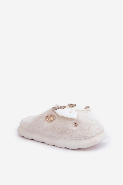 Furry Slippers With Bow And Pins White Annalira 2