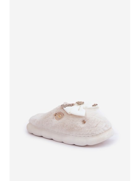 Furry Slippers With Bow And Pins White Annalira