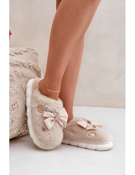 Furry Slippers With Bow And Embellishments Beige Annalira