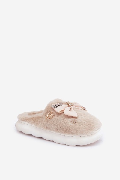 Furry Slippers With Bow And Embellishments Beige Annalira 2