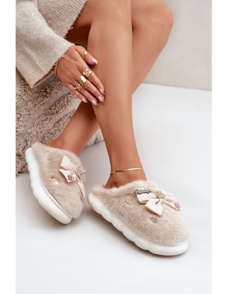 Furry Slippers With Bow And Embellishments Beige Annalira