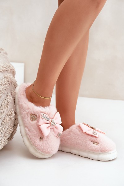 Furry Slippers With Bow And Pins Pink Annalira