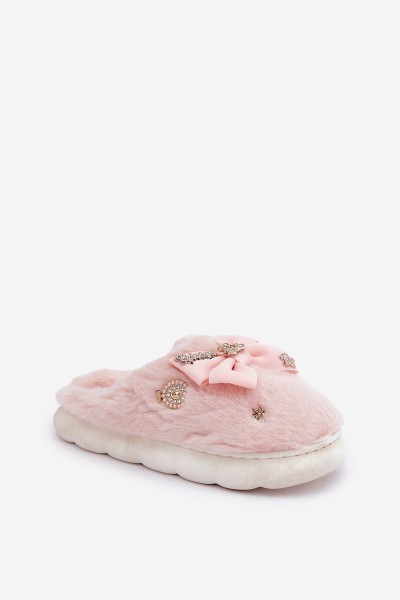 Furry Slippers With Bow And Pins Pink Annalira 2