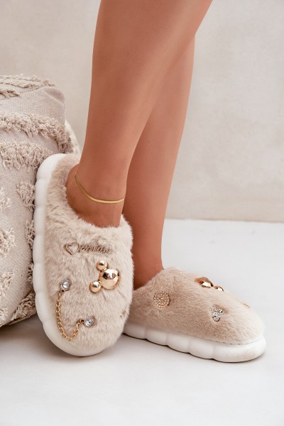 Furry Slippers With Bows Beige Ivelfedi