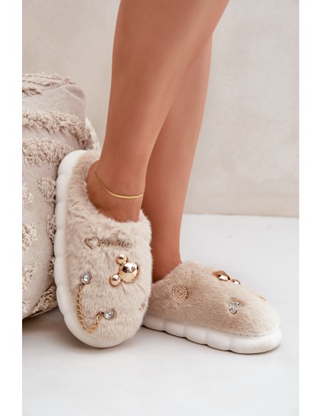Furry Slippers With Bows Beige Ivelfedi