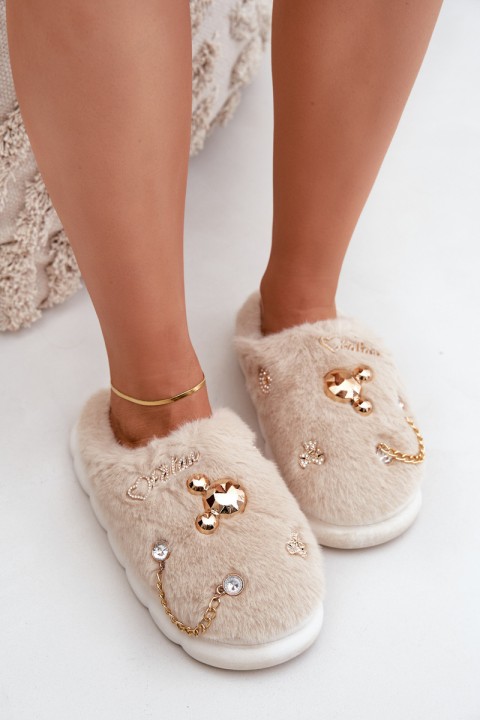 Furry Slippers With Bows Beige Ivelfedi