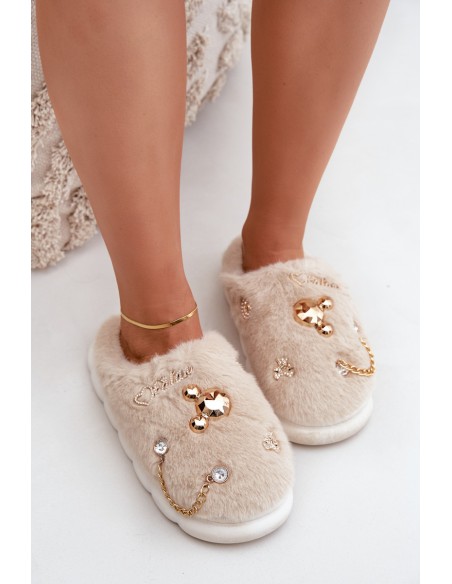Furry Slippers With Bows Beige Ivelfedi