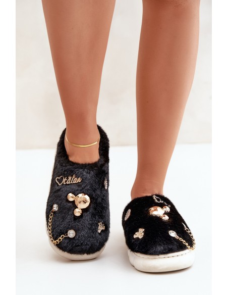 Furry Slippers With Bows Black Ivelfedi