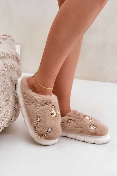 Furry Slippers With Prints Dark Beige Ivelfedi
