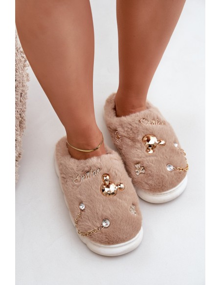 Furry Slippers With Prints Dark Beige Ivelfedi
