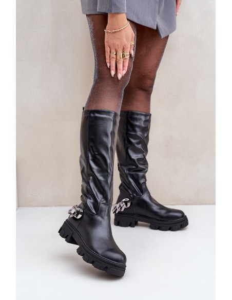 Flat Heeled Boots With Chain Black Nauricette