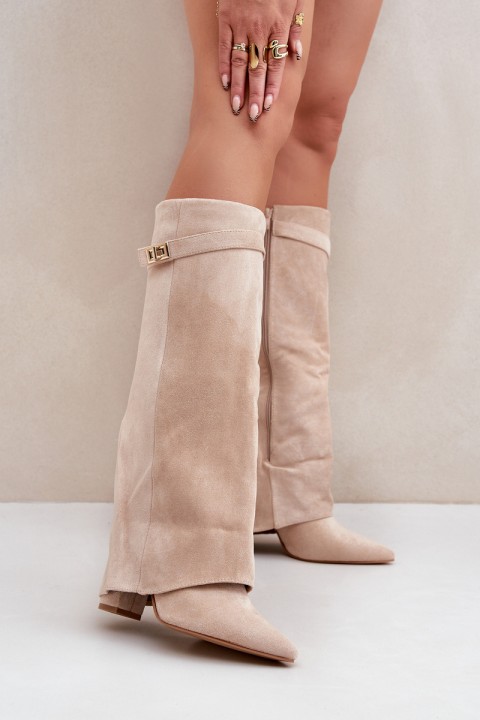 Women Knee High Heeled Boots Light Beige Portora