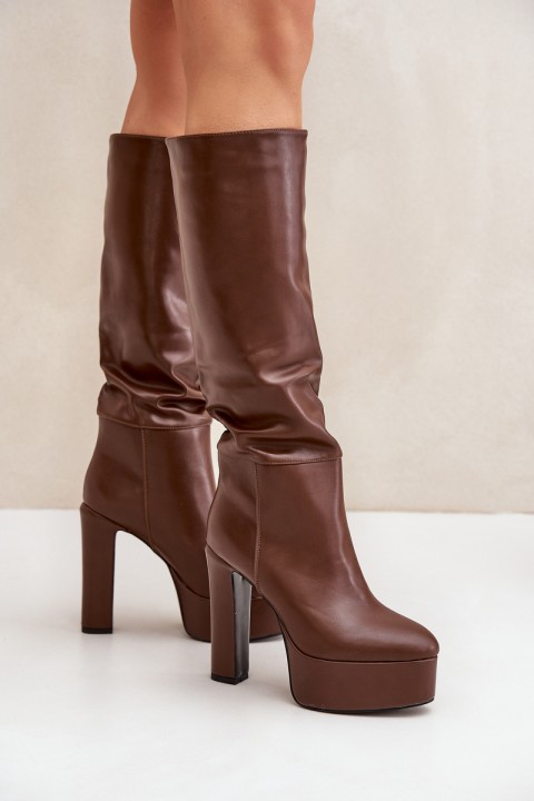 Knee High Boots On A Heel And Platform Made Of Eco Leather Brown Felilorn