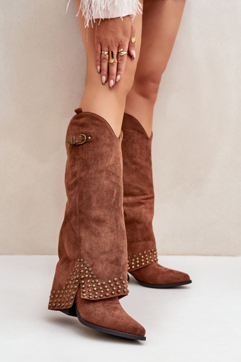 Knee Boots With Rolled Shaft On Heel Brown Iveliri