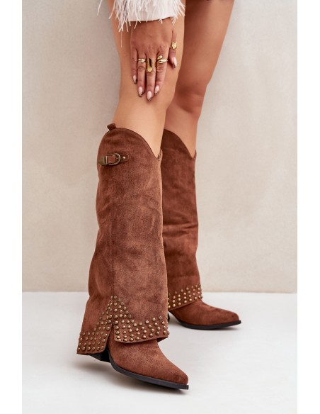 Knee Boots With Rolled Shaft On Heel Brown Iveliri