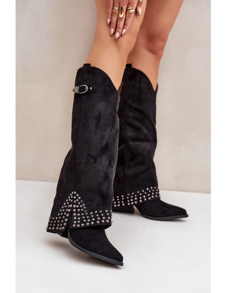 Knee Boots With Rolled Shaft On Heel Black Iveliri