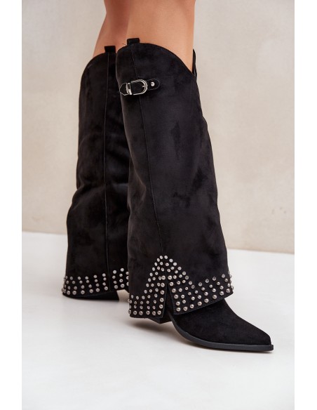 Knee Boots With Rolled Shaft On Heel Black Iveliri