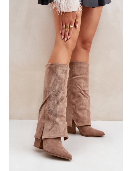 Decorated Knee-High Boots With Turned Cuff On Heel Dark Beige Ivilta