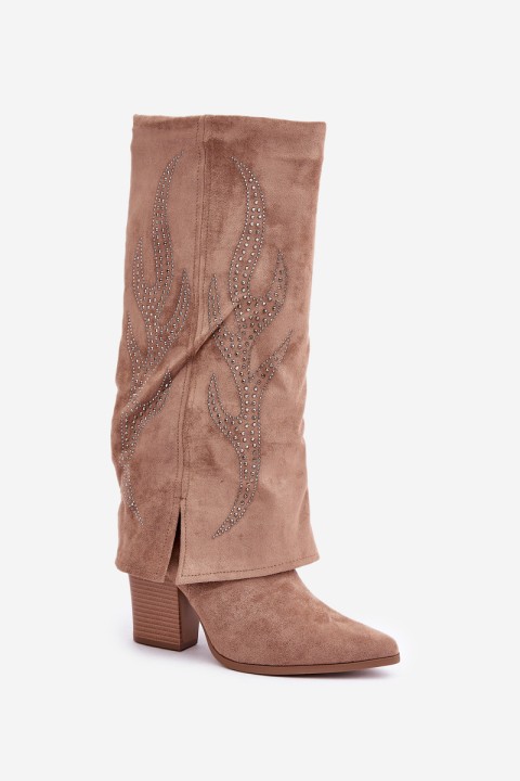 Decorated Knee-High Boots With Turned Cuff On Heel Dark Beige Ivilta
