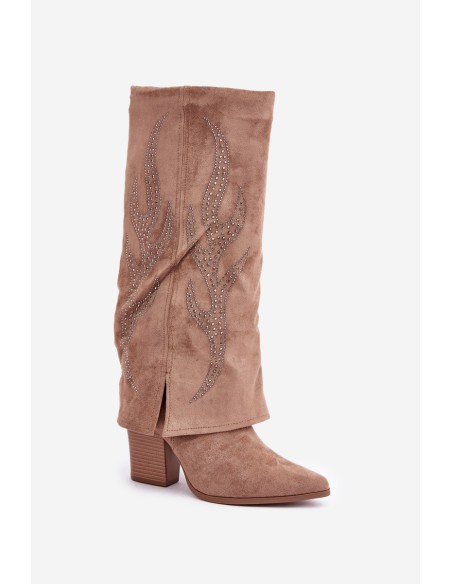 Decorated Knee-High Boots With Turned Cuff On Heel Dark Beige Ivilta