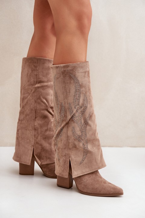 Decorated Knee-High Boots With Turned Cuff On Heel Dark Beige Ivilta