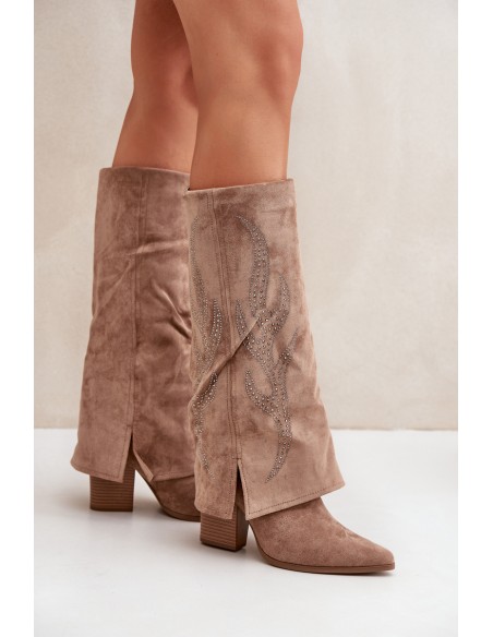 Decorated Knee-High Boots With Turned Cuff On Heel Dark Beige Ivilta