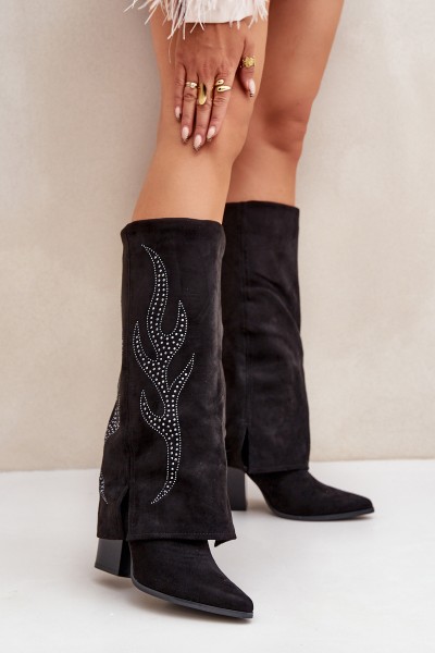 Decorated ankle boots with turned-down shaft on heel black Ivilta