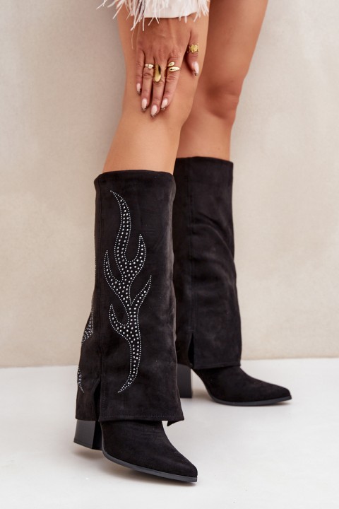 Decorated ankle boots with turned-down shaft on heel black Ivilta