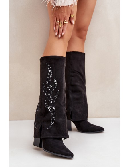 Decorated ankle boots with turned-down shaft on heel black Ivilta