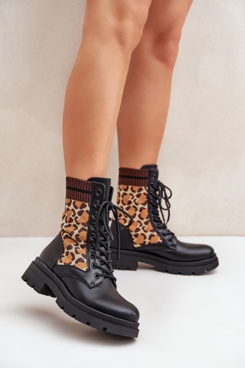 Women's Worker Ankle Boots With Sock In Leopard Black Penthis