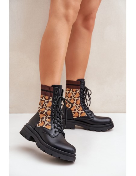 Women's Worker Ankle Boots With Sock In Leopard Black Penthis
