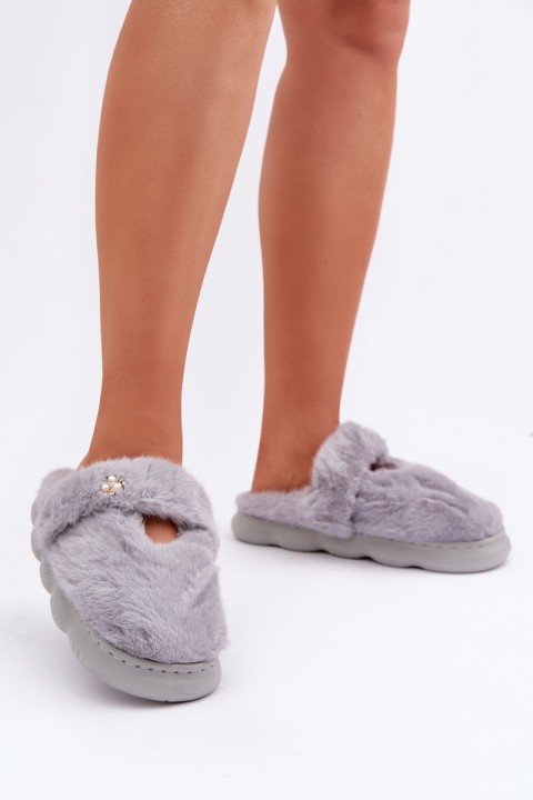 Furry Slippers With A Small Brooch Gray Primaria