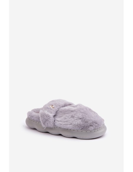 Furry Slippers With A Small Brooch Gray Primaria
