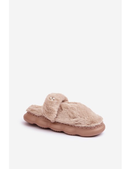 Furry Slippers With A Small Brooch Dark Beige Primaria