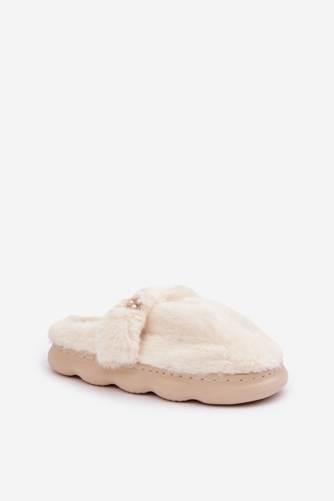 Furry Slippers With A Small Brooch Light Beige Primaria