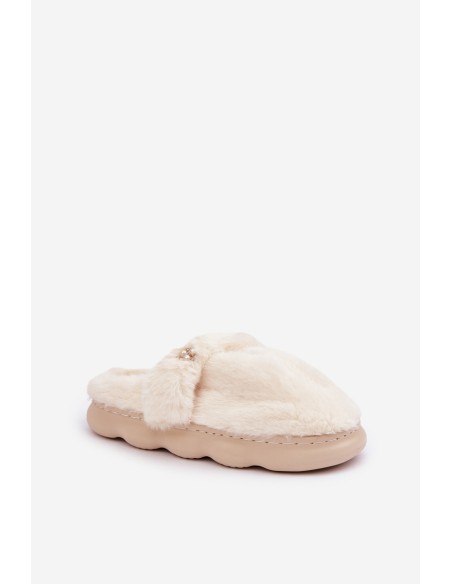 Furry Slippers With A Small Brooch Light Beige Primaria