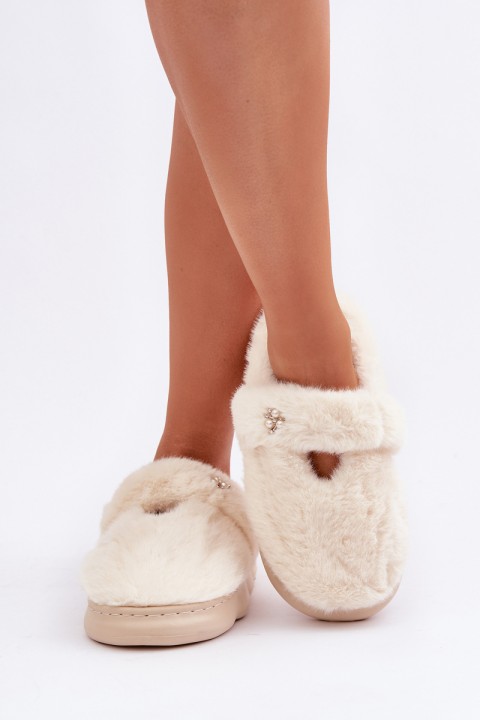 Furry Slippers With A Small Brooch Light Beige Primaria