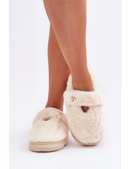 Furry Slippers With A Small Brooch Light Beige Primaria